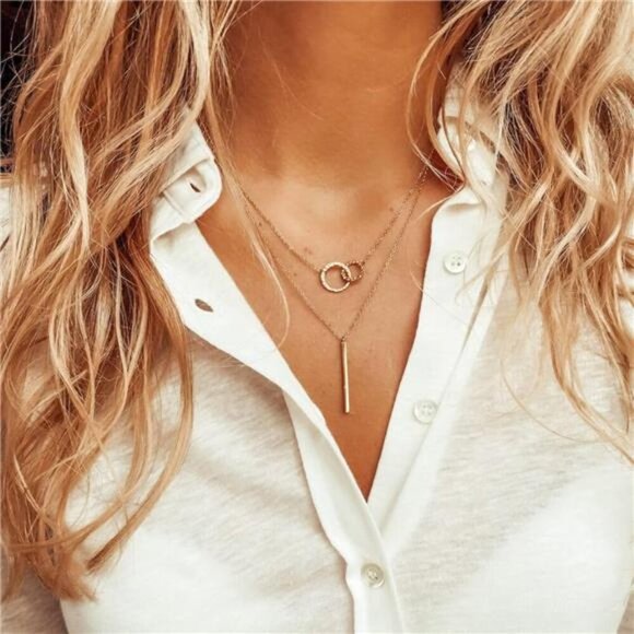 Gold & Silver Necklace Set | 14K Gold Plated Diamond Circle CZ Pendant. - Picture 3 of 6